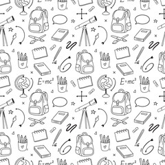 Back to school seamless vector pattern. Pattern school supplies. Vector illustration. Hand-Drawn. Flat design, Black and white line sketch. Stationery, backpack, books, microscop,telescope