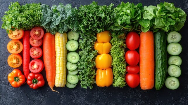 Many different types of vegetables arranged in a row food background