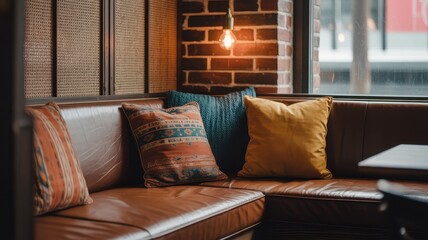 Fototapeta premium Cozy Brown Leather Corner Sofa with Ethnic Throw Pillows