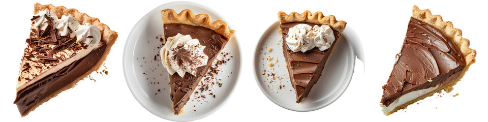Four slices of chocolate pie with whipped cream isolated on transparent background