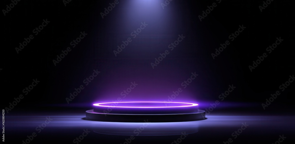 Poster a glowing purple halo floating above an empty podestal, set against a dark background with subtle li