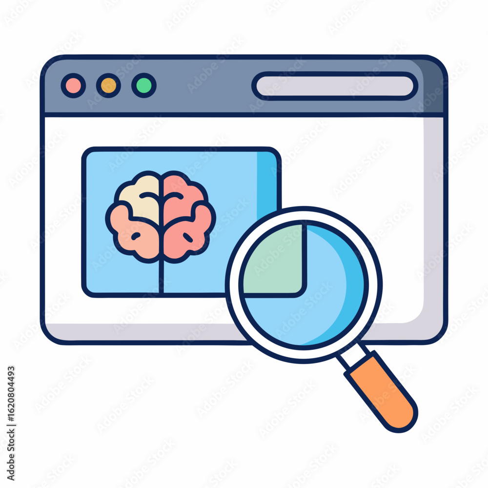 Poster flat vector cartoon icon of web browser with ai search bar & glowing brain