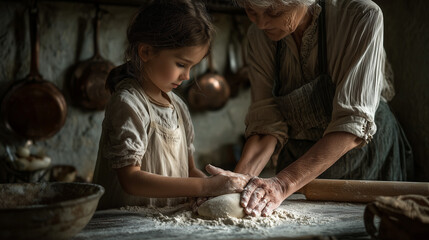 A gentle grandmother teaching a little girl how to make a dough with flour