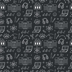 Pattern school supplies on black background. School background. Back to school. Blackboard with Drawings of School Supplies. Seamless pattern with doodles. Abstract blackboard. Education concept