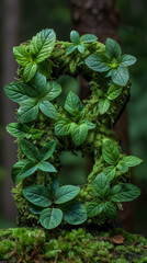 Green Leafy Letter B Shaped with Moss and Plants on Forest Background for Eco-Friendly Typography Design