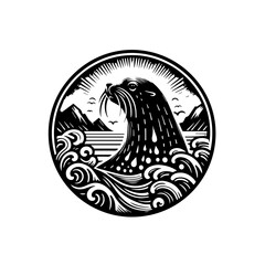 Sea lion in the ocean wave isolated on white background illustration