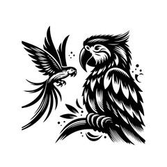 Two parrots perched on a branch, isolated on white background