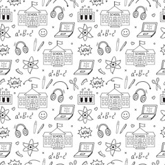 Back to school seamless vector pattern. Pattern school supplies. Vector illustration. Hand-Drawn. Flat design, Black and white line sketch. Stationery, school, laptop, headphones