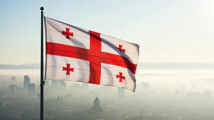 National flag of Georgia waving proudly over a city skyline covered in morning fog. A symbol of patriotism and sovereignty.