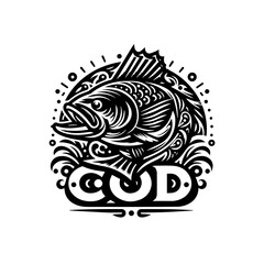 Vintage cod fish illustration with graphic design isolated on white background