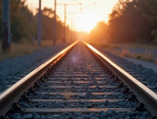 Serene Railway Tracks Stretching Toward a Golden Sunset, Capturing a Scenic Journey Through a Peaceful Countryside Landscape, Ideal for Travel, Adventure, and Nature Themes