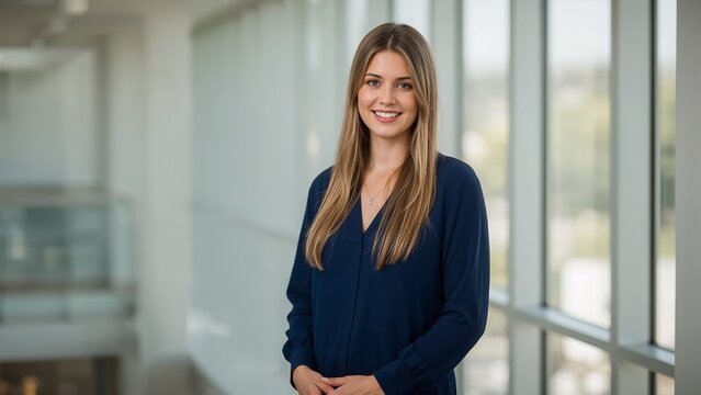 A confident woman stands in a modern office building, dressed professionally with a welcoming smile.