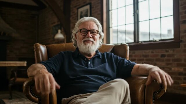 Cheerful Elderly Man Relaxing in a Cozy Living Space - An elderly man with a bright smile is sitting comfortably in an armchair, gesturing with his hands as if sharing a story.