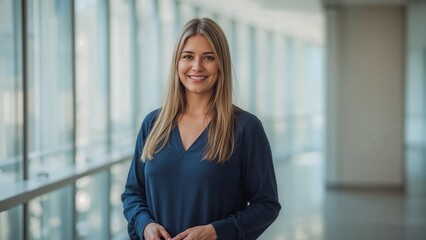 A confident woman stands in a modern office building, dressed professionally with a welcoming smile.