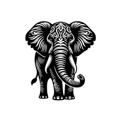 Detailed black and white elephant illustration isolated on white background