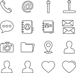 Vector illustration of a set of sixteen simple line icons representing common functions and applications for user interfaces