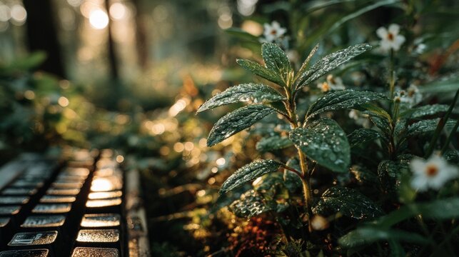 Dew-kissed plants beside a keyboard, sunlit forest backdrop