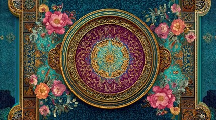 Fototapeta premium Ornate circular design with flowers, featuring teal, gold, and magenta colors