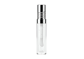 Clear cosmetic product in a metallic bottle.