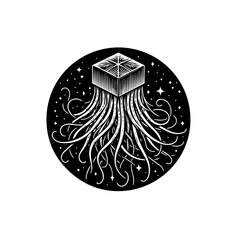 Abstract cube monster with tentacles in a cosmic night sky isolated on white background