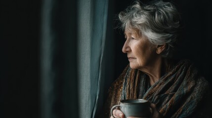 Senior woman at the window holding a cup of coffee, no logos, no brands