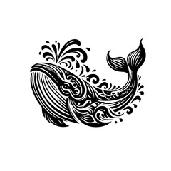 Graceful whale with decorative patterns isolated on white background