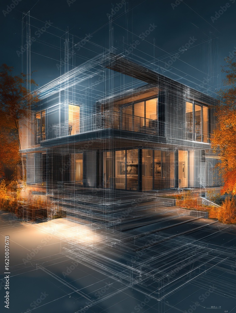 Poster sketch design and drafting of wireframe of building a modern house becoming real. 3d illustration, d