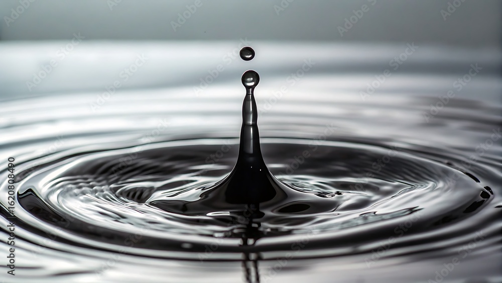 Poster captivating liquid drop collision creating beautiful ripples, a mesmerizing moment of fluid dynamics
