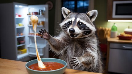 A raccoon eagerly reaches toward a bowl of sauce, excited by a string of cheese stretching from the dish. The kitchen is cozy and well-lit, adding to the playful atmosphere.