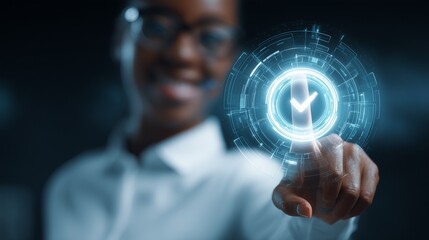 Obraz premium Corporate Employee with Glowing Digital Badge Interface – Verified Credentials and Quality Assurance in Futuristic Workplace