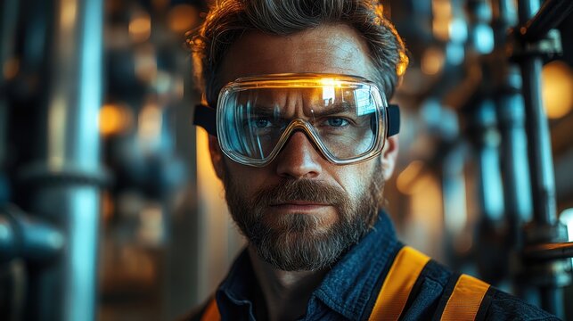 Man wearing goggles and a vest in a factory plumber’s face