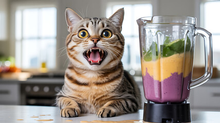 A curious cat with a surprised expression sits on a countertop, gazing at a blender filled with colorful smoothie layers. Sunlight fills the modern kitchen, creating a warm atmosphere.