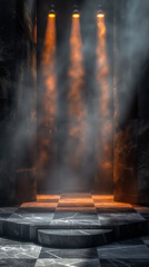 Orange Spotlights Illuminating Marble Stage with Smoke in Dark Room for Theater or Performance Background Use