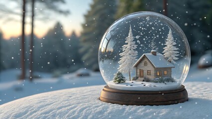 Charming Winter Scene: Cozy Cabin Inside a Snow Globe with Falling Snow in a Forest Landscape.