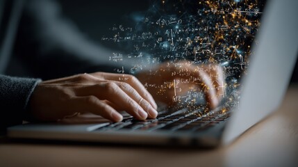 Side view of male hands using laptop with abstract mathematical formulas. Online education concept, no logos, no brands