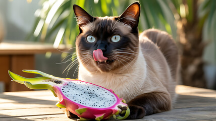 A playful cat with striking blue eyes sits on a wooden table, licking its lips while examining a vibrant dragon fruit that contrasts with its fur, bringing a cheerful energy to the space.