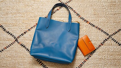 Naklejka premium Stylish blue leather tote bag with orange wallet on textured rug