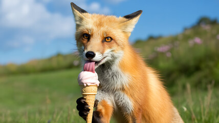 A fox is happily licking a pink ice cream cone in a lush meadow. The sun shines brightly in a clear blue sky, creating a joyful and playful atmosphere in nature.