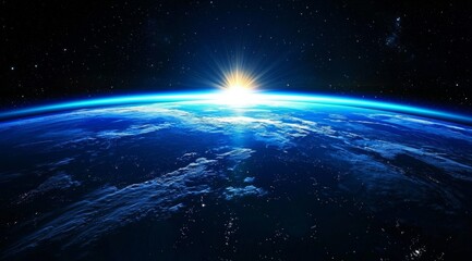 Obraz premium Earth From Space Sunrise Over Blue Planet, Outer Space ,Astronomy