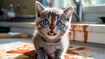 A playful kitten with striking blue eyes explores a kitchen counter. It is covered in red sauce, creating a messy but amusing situation on a bright afternoon.