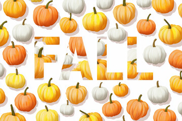 Illustrated fall lettering with pumpkins. Autumn background with the inscription “fall”. Change of season, beginning of fall, fall sales.