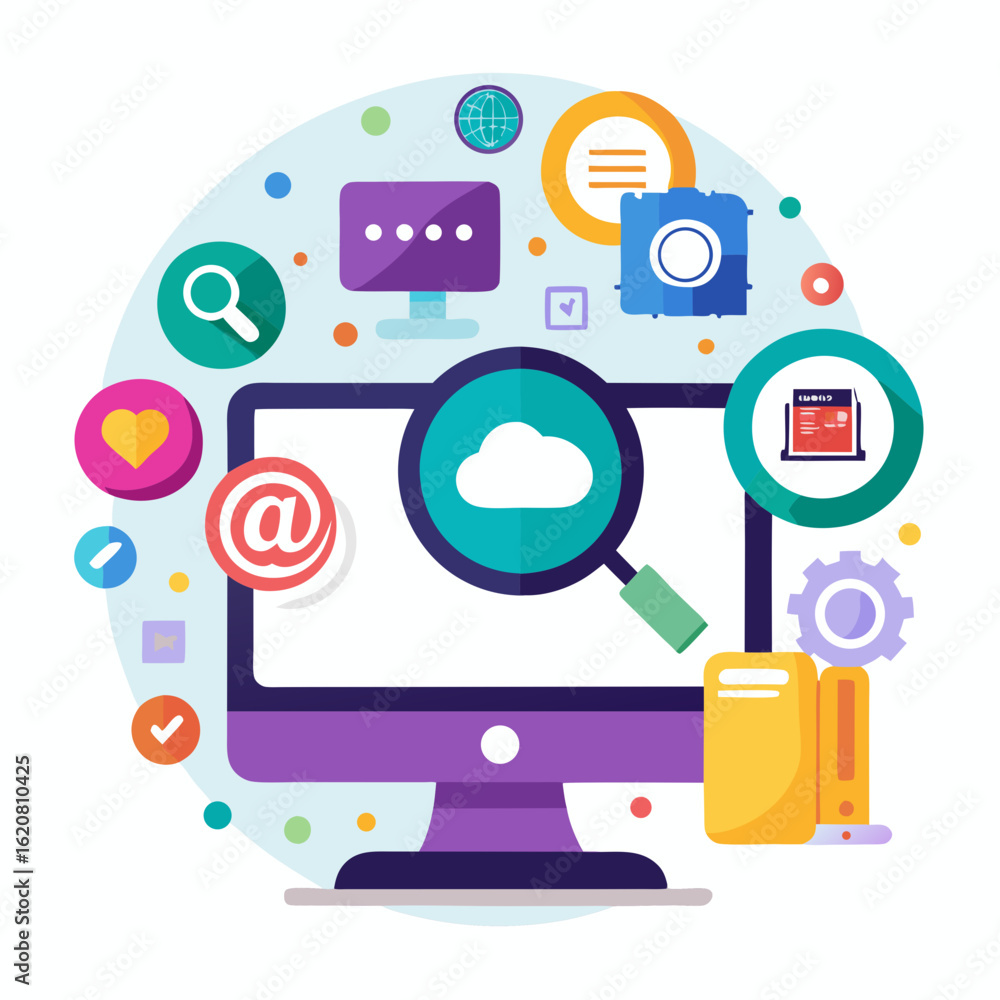 Poster digital marketing and online business growth represented by computer and various icons