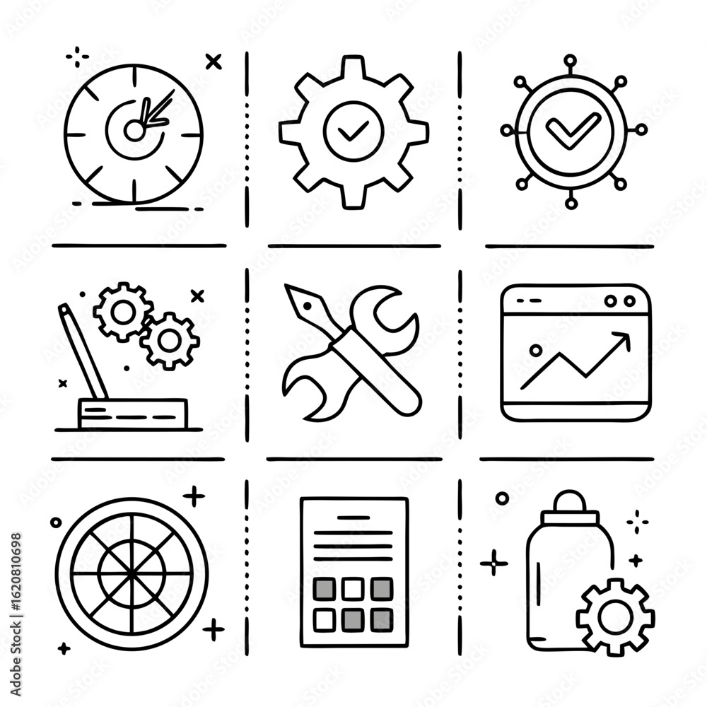 Poster collection of business and technology icons representing strategy efficiency and project management