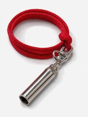 Close-up of a metal whistle with a red lanyard on a white background