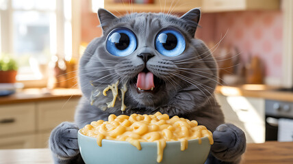 A fluffy gray cat with large blue eyes eagerly eats macaroni and cheese from a bowl. Sunlight streams through the kitchen window, highlighting its playful expression.