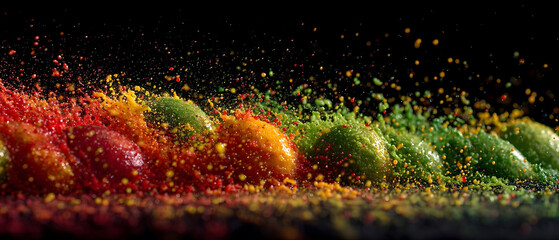 Line of Colored Food with Exploding Splash Effect