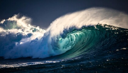 Powerful ocean wave crashing with dramatic light illuminating the churning water and spray