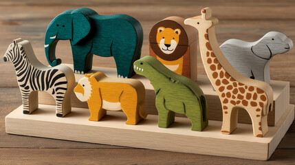 Wooden Toy Animals On Wooden Tray
