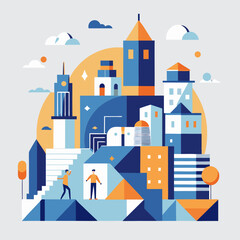 Abstract geometric cityscape with stylized buildings and figures in blue and orange tones