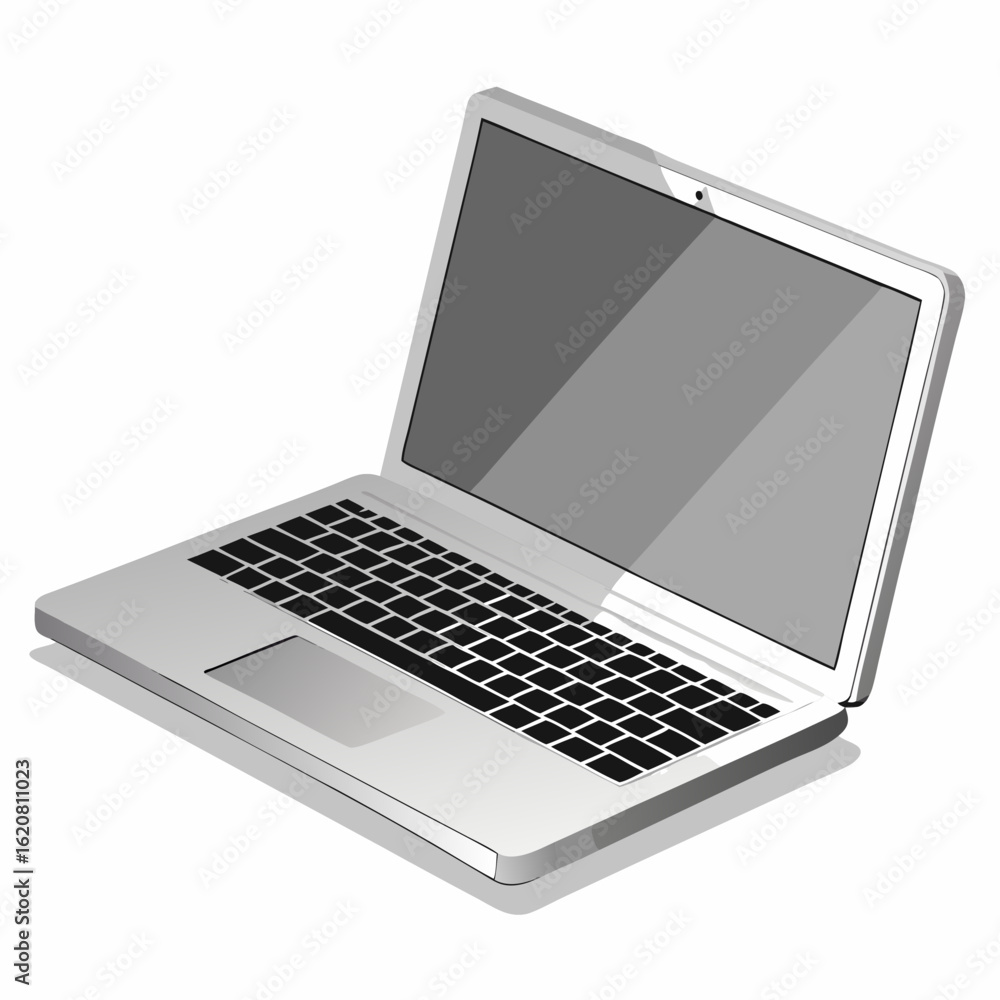 Poster a sleek modern silver laptop with a dark keyboard and screen is displayed from an elevated angle on 